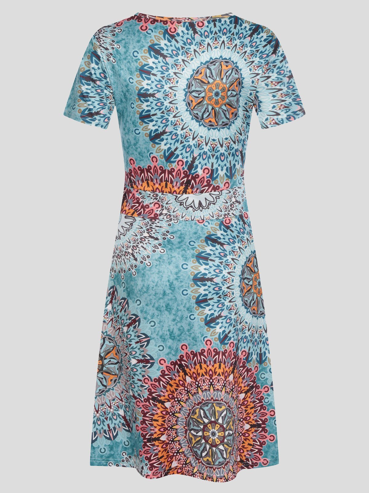 V-Neck Short Puff Sleeve Mandala Print Fit-and-Flare Mini Dress