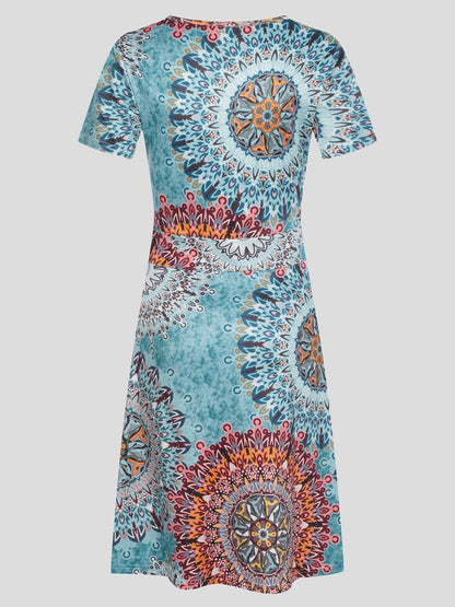 V-Neck Short Puff Sleeve Mandala Print Fit-and-Flare Mini Dress