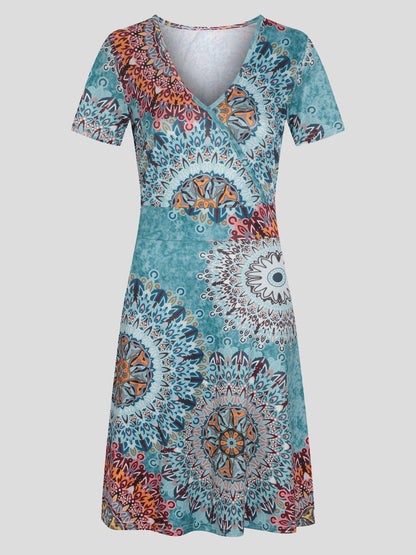 V-Neck Short Puff Sleeve Mandala Print Fit-and-Flare Mini Dress