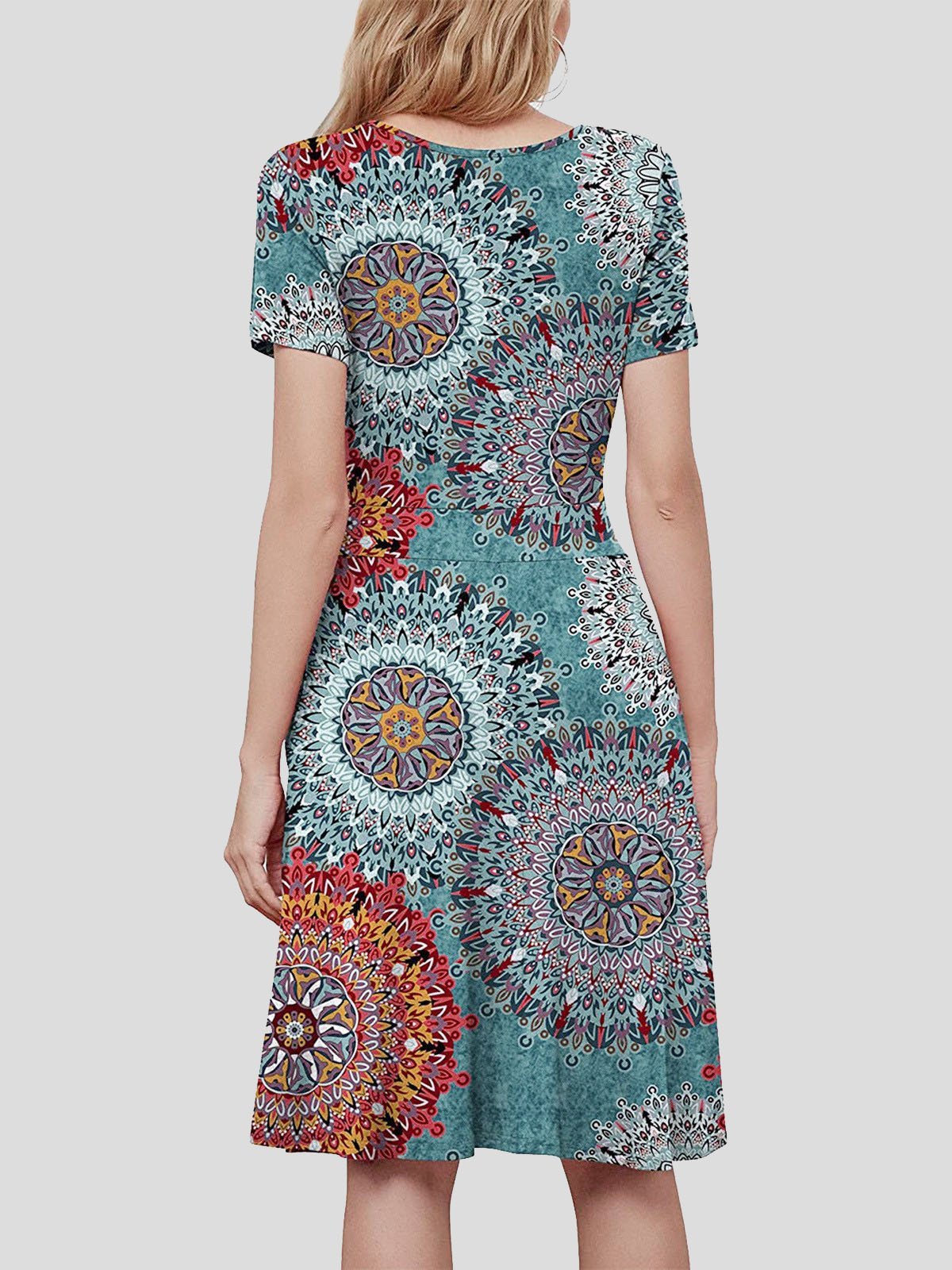 V-Neck Short Puff Sleeve Mandala Print Fit-and-Flare Mini Dress