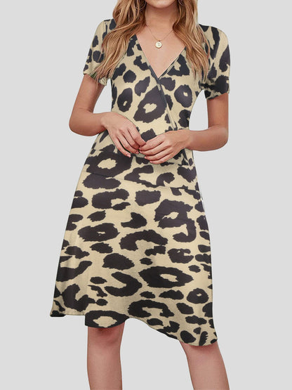 V-Neck Short Puff Sleeve Mandala Print Fit-and-Flare Mini Dress