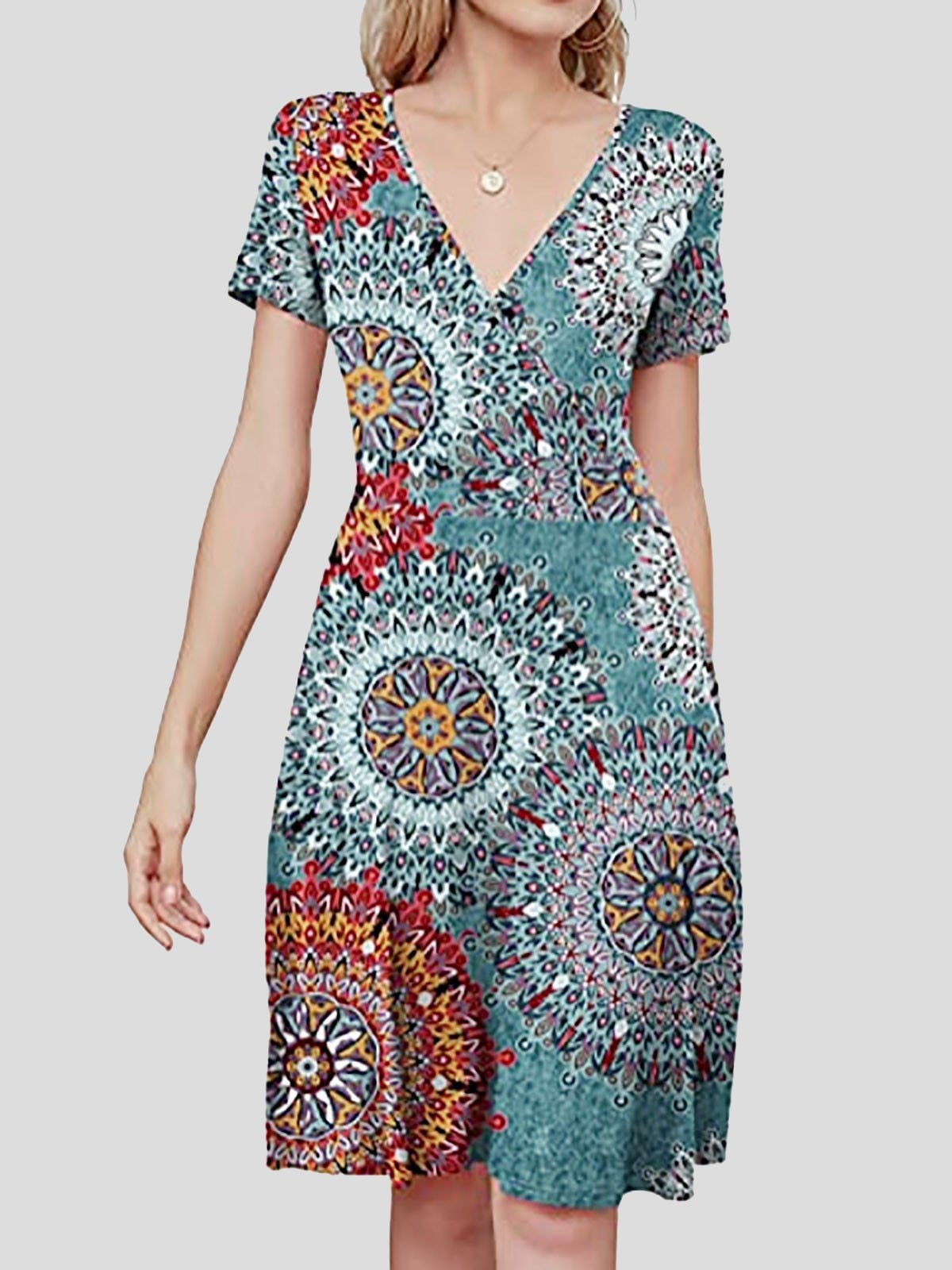 V-Neck Short Puff Sleeve Mandala Print Fit-and-Flare Mini Dress