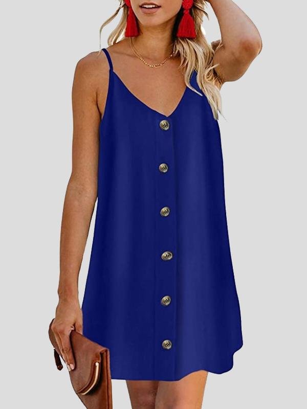 Deep V Spaghetti Strap Button-Front Shift Mini Dress
