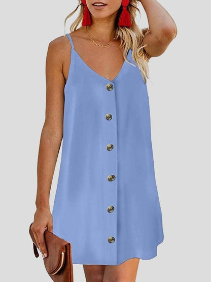 Deep V Spaghetti Strap Button-Front Shift Mini Dress