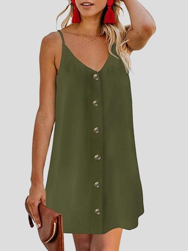 Deep V Spaghetti Strap Button-Front Shift Mini Dress