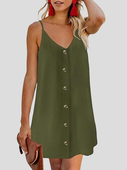 Deep V Spaghetti Strap Button-Front Shift Mini Dress