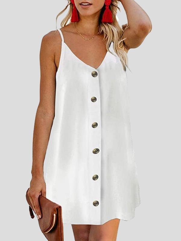 Deep V Spaghetti Strap Button-Front Shift Mini Dress
