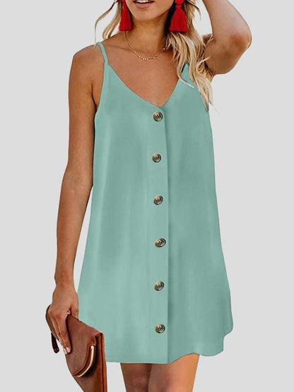 Deep V Spaghetti Strap Button-Front Shift Mini Dress