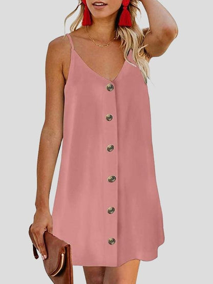 Deep V Spaghetti Strap Button-Front Shift Mini Dress