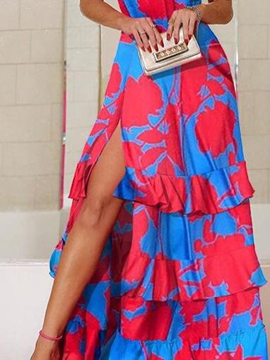 Halter Cross Neck Floral Print Tiered Ruffle High Split Maxi Dress