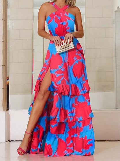 Halter Cross Neck Floral Print Tiered Ruffle High Split Maxi Dress
