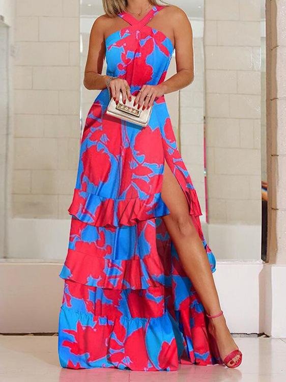 Halter Cross Neck Floral Print Tiered Ruffle High Split Maxi Dress