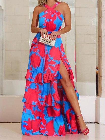 Halter Cross Neck Floral Print Tiered Ruffle High Split Maxi Dress