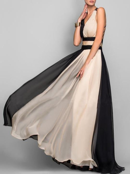Sleeveless Surplice V-Neck Crisscross Back Color Block Panel Chiffon Maxi Dress