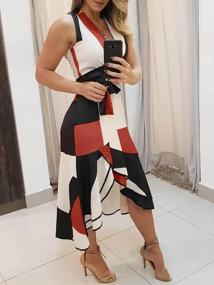 Deep V-Neck Tank Geometric Color Block Sash Tie Asymmetric Ruffle Hem Midi Dress
