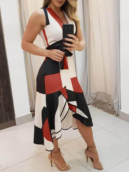 Deep V-Neck Tank Geometric Color Block Sash Tie Asymmetric Ruffle Hem Midi Dress