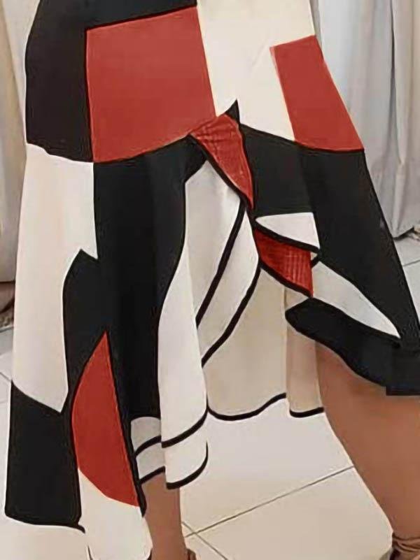 Deep V-Neck Tank Geometric Color Block Sash Tie Asymmetric Ruffle Hem Midi Dress