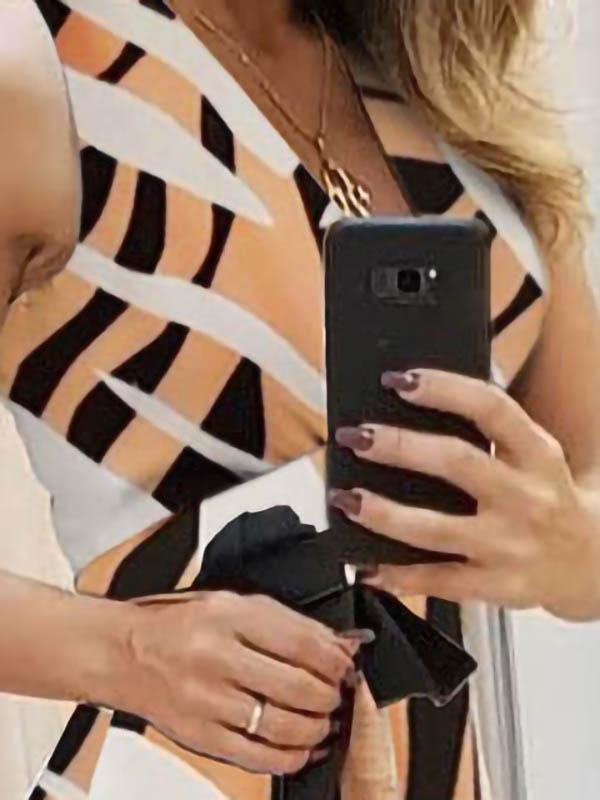 Deep V-Neck Tank Geometric Color Block Sash Tie Asymmetric Ruffle Hem Midi Dress