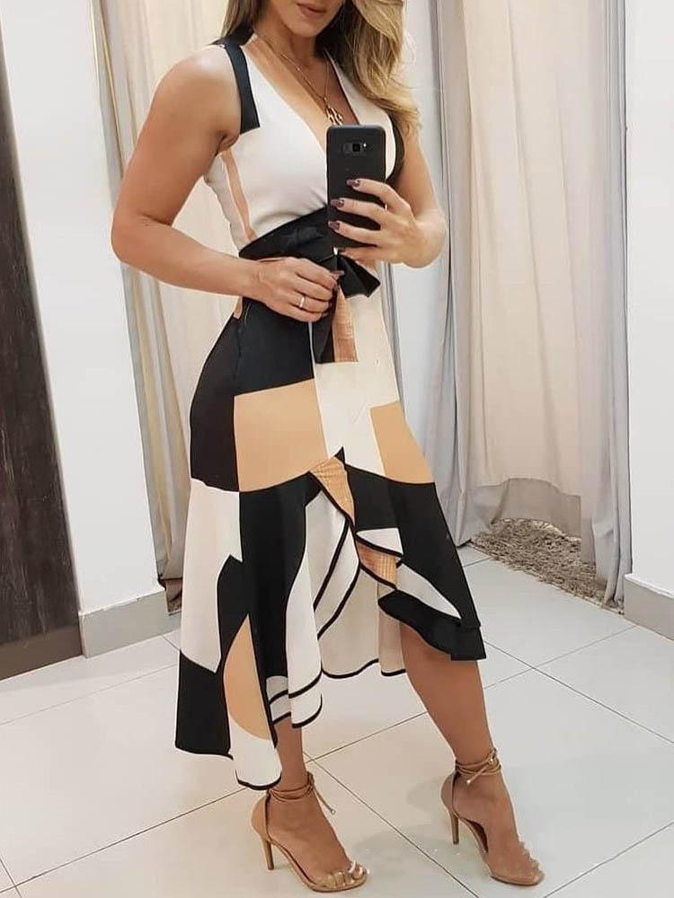 Deep V-Neck Tank Geometric Color Block Sash Tie Asymmetric Ruffle Hem Midi Dress