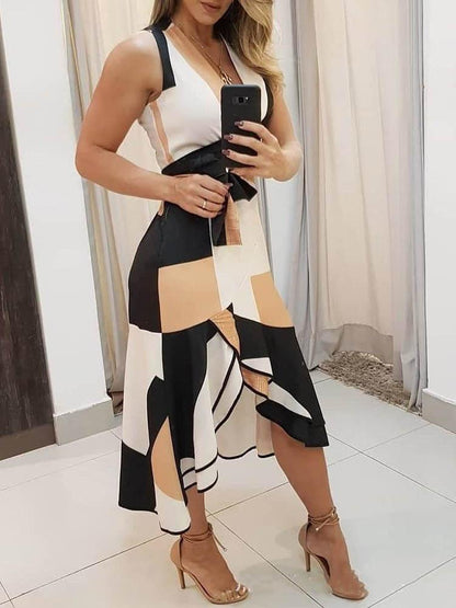Deep V-Neck Tank Geometric Color Block Sash Tie Asymmetric Ruffle Hem Midi Dress