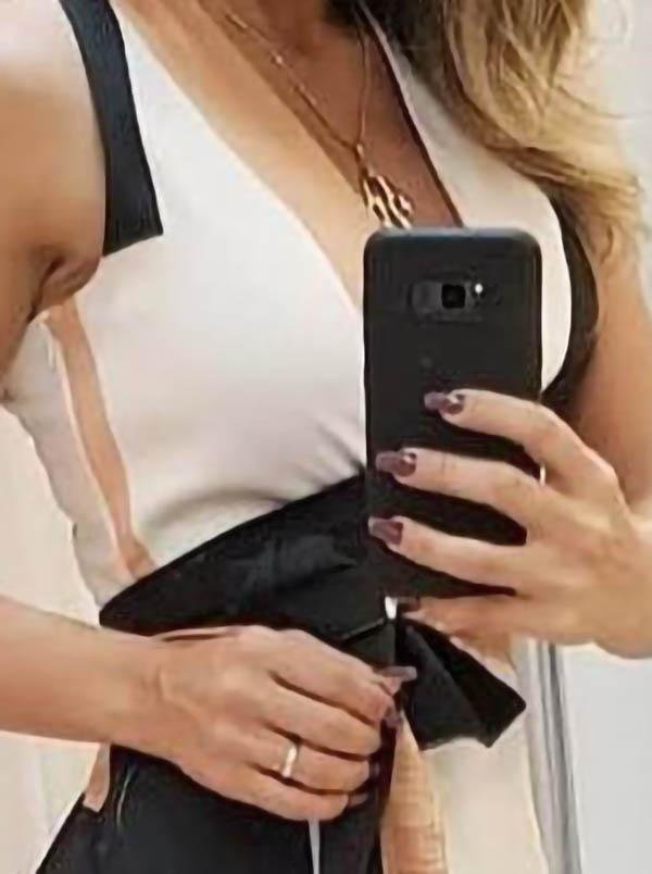 Deep V-Neck Tank Geometric Color Block Sash Tie Asymmetric Ruffle Hem Midi Dress