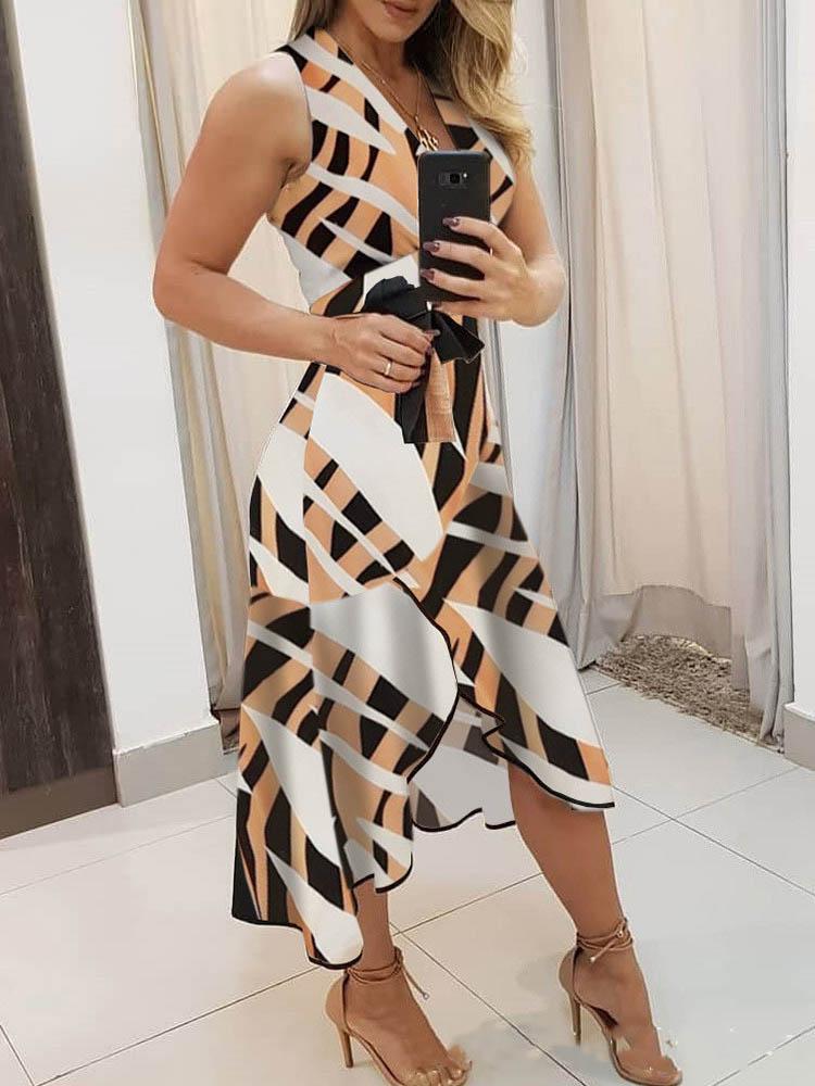 Deep V-Neck Tank Geometric Color Block Sash Tie Asymmetric Ruffle Hem Midi Dress