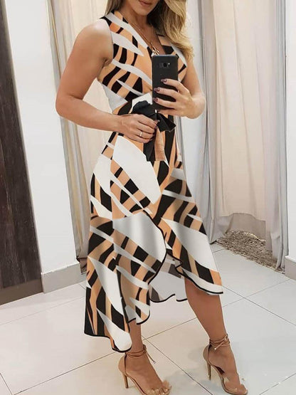 Deep V-Neck Tank Geometric Color Block Sash Tie Asymmetric Ruffle Hem Midi Dress