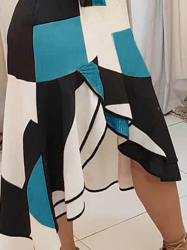 Deep V-Neck Tank Geometric Color Block Sash Tie Asymmetric Ruffle Hem Midi Dress