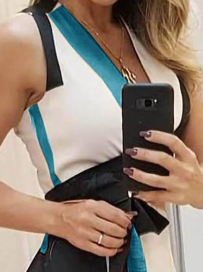 Deep V-Neck Tank Geometric Color Block Sash Tie Asymmetric Ruffle Hem Midi Dress