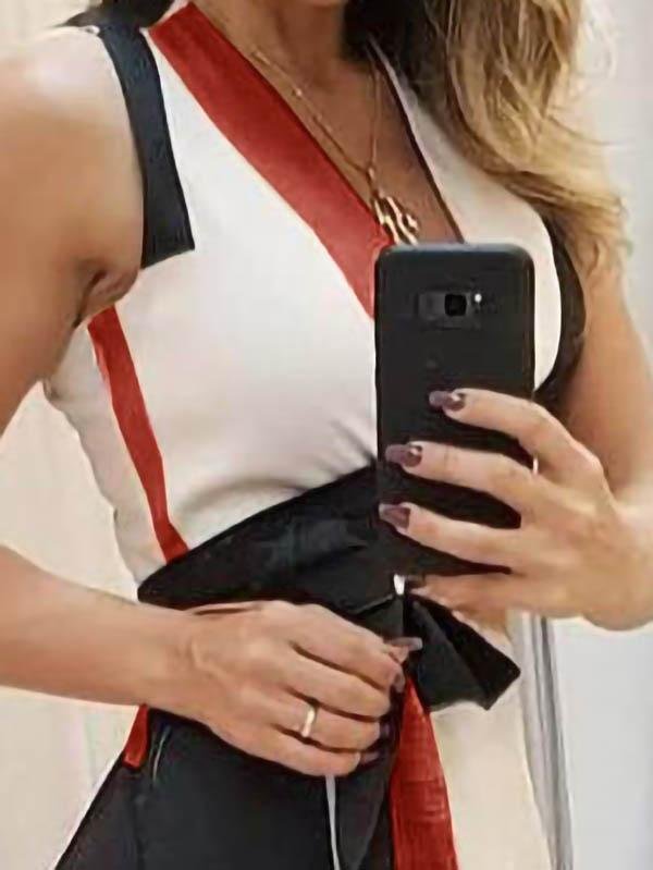 Deep V-Neck Tank Geometric Color Block Sash Tie Asymmetric Ruffle Hem Midi Dress