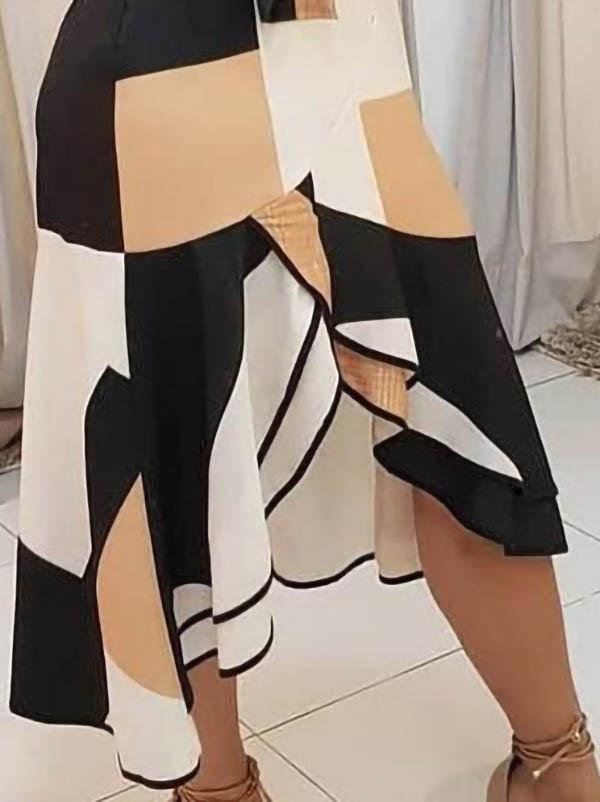 Deep V-Neck Tank Geometric Color Block Sash Tie Asymmetric Ruffle Hem Midi Dress
