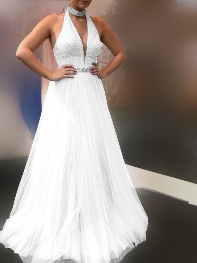 Halter Deep V-Neck Sequin Bodice Rhinestone Belt Tulle A-Line Maxi Gown