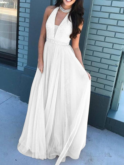 Halter Deep V-Neck Sequin Bodice Rhinestone Belt Tulle A-Line Maxi Gown