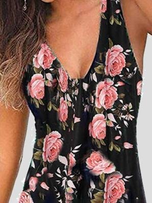 Floral Print Deep V-Neck Sleeveless A-Line Tank Mini Dress