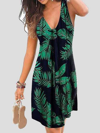 Floral Print Deep V-Neck Sleeveless A-Line Tank Mini Dress