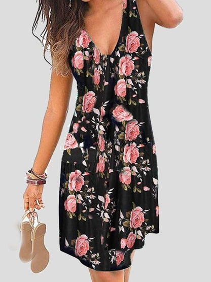 Floral Print Deep V-Neck Sleeveless A-Line Tank Mini Dress