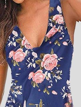 Floral Print Deep V-Neck Sleeveless A-Line Tank Mini Dress