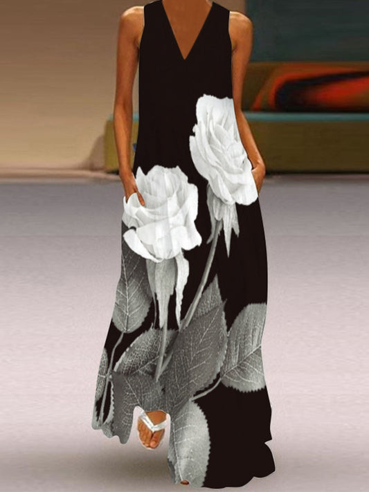 Print V-Neck Sleeveless Pocket A-Line Maxi Dress