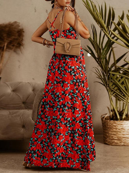 Tropical Palm Leaf Print Deep V-Neck Spaghetti Strap Wrap Maxi Dress