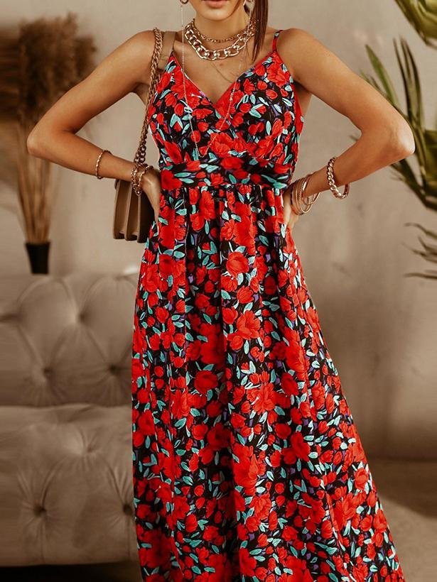 Tropical Palm Leaf Print Deep V-Neck Spaghetti Strap Wrap Maxi Dress