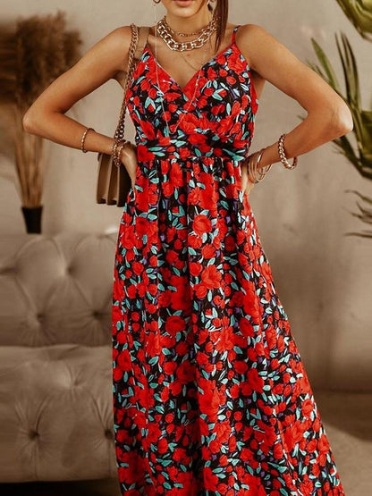 Tropical Palm Leaf Print Deep V-Neck Spaghetti Strap Wrap Maxi Dress