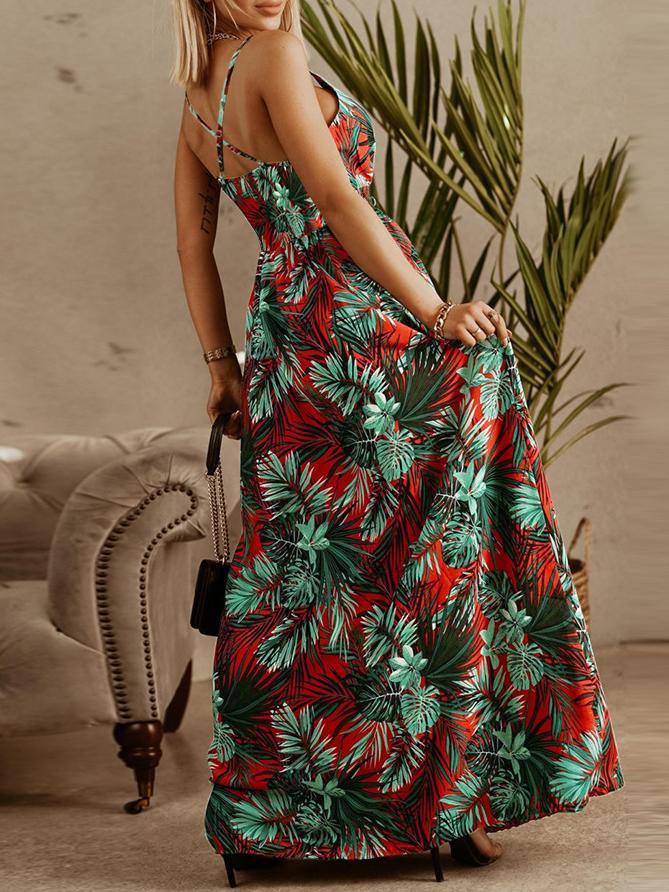 Tropical Palm Leaf Print Deep V-Neck Spaghetti Strap Wrap Maxi Dress