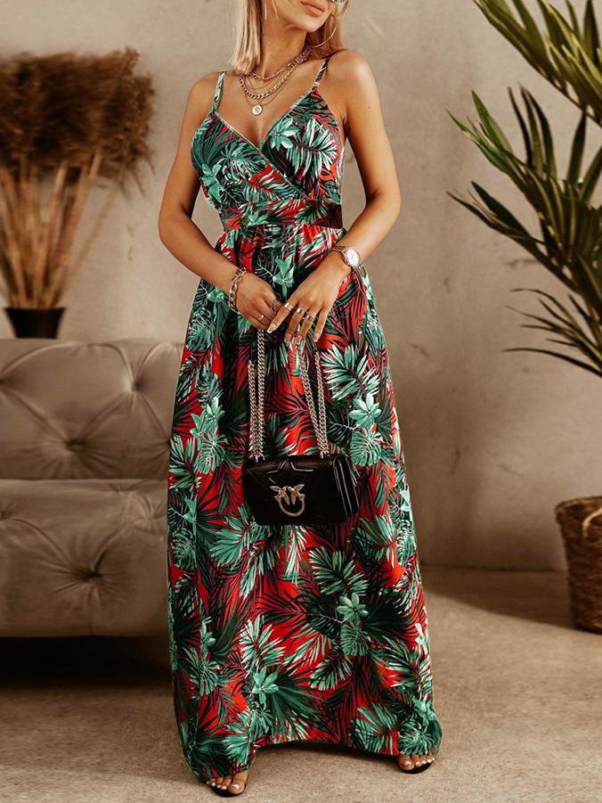 Tropical Palm Leaf Print Deep V-Neck Spaghetti Strap Wrap Maxi Dress