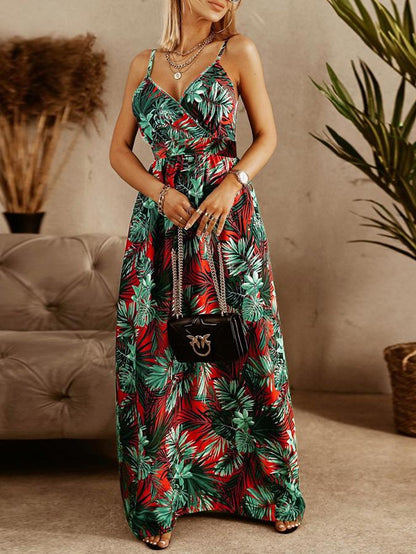 Tropical Palm Leaf Print Deep V-Neck Spaghetti Strap Wrap Maxi Dress