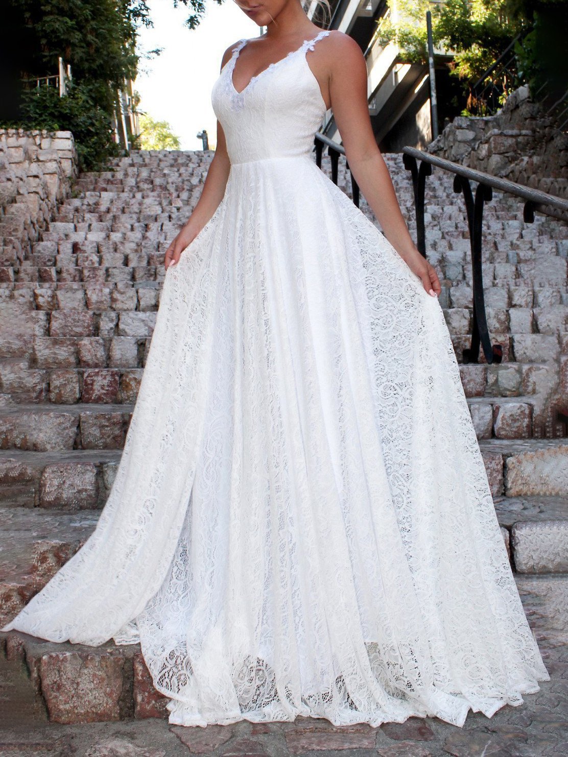 Floral Lace Plunge V-Neck Spaghetti Strap A-Line Maxi Dress