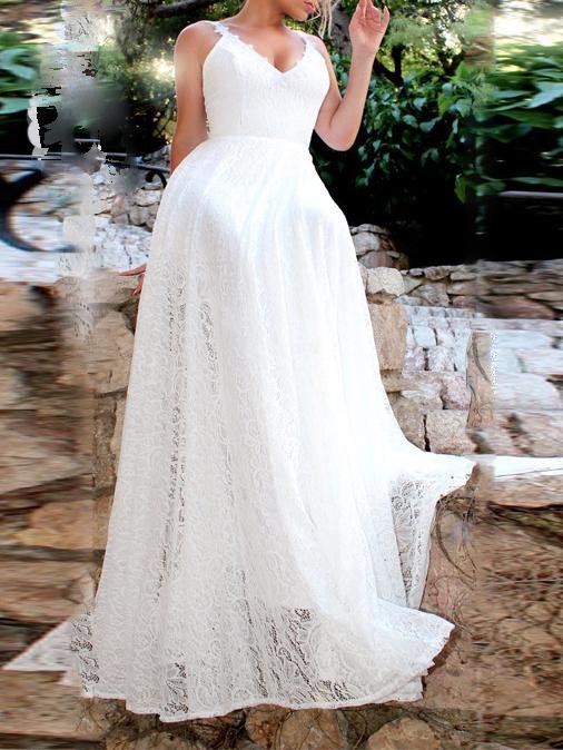 Floral Lace Plunge V-Neck Spaghetti Strap A-Line Maxi Dress