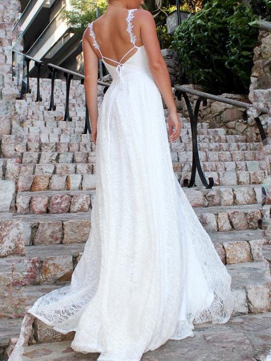 Floral Lace Plunge V-Neck Spaghetti Strap A-Line Maxi Dress