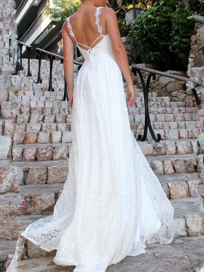 Floral Lace Plunge V-Neck Spaghetti Strap A-Line Maxi Dress