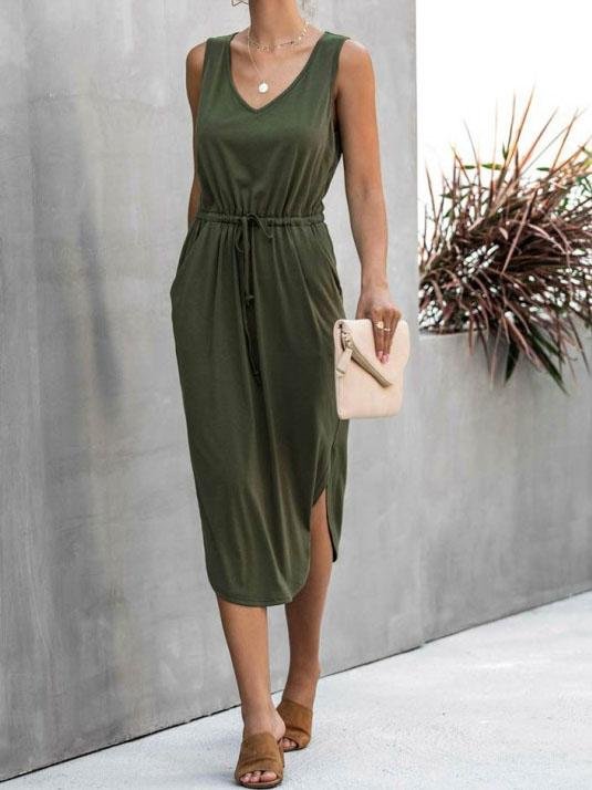 V-Neck Drawstring Waist Side Slit Tank Midi Dress