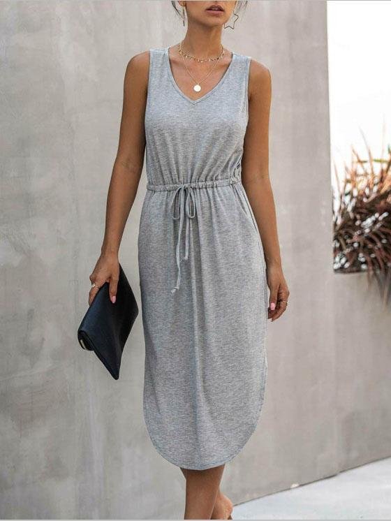 V-Neck Drawstring Waist Side Slit Tank Midi Dress